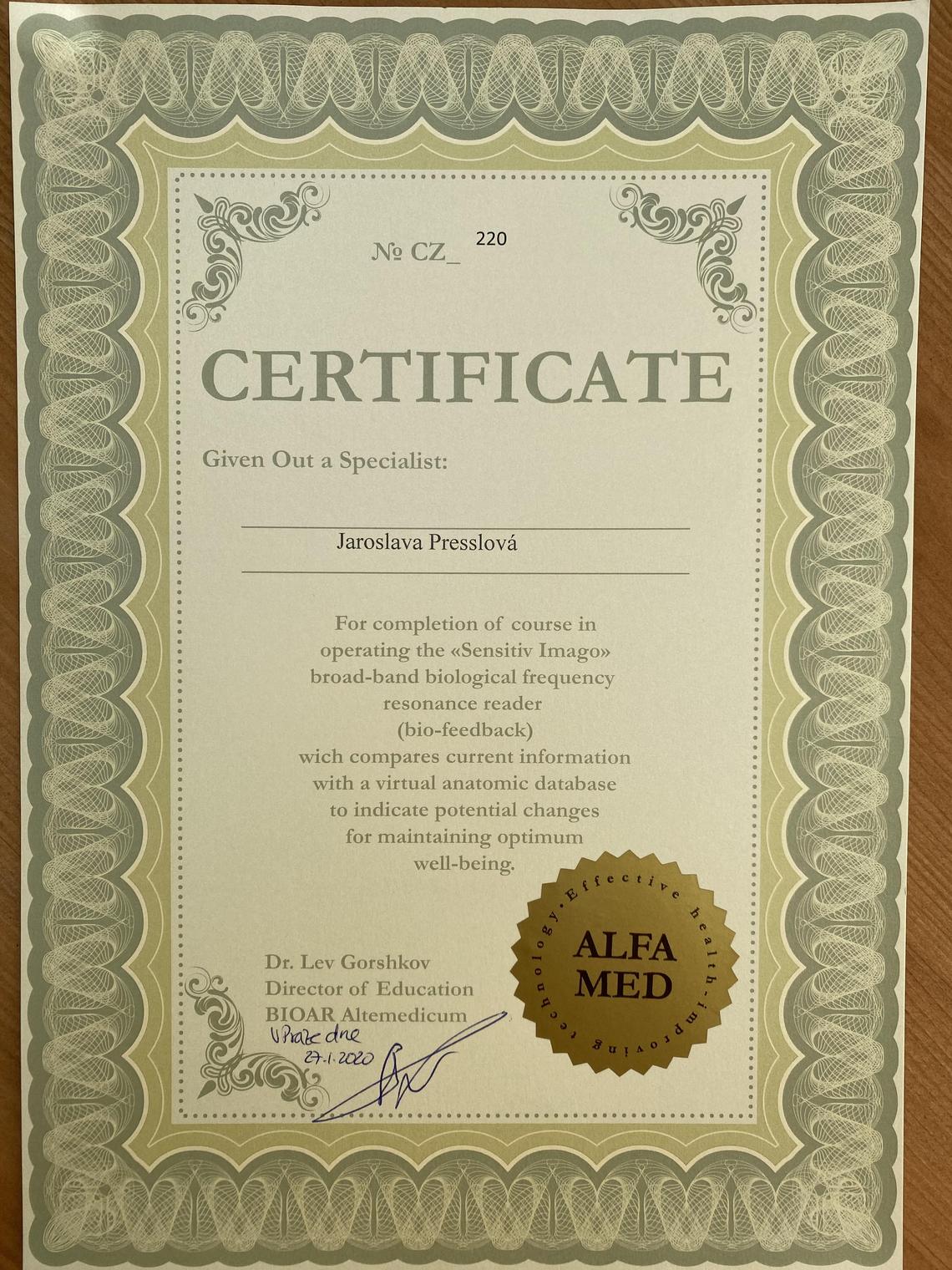 Sensitive Imago 530 měření certificate diagnostika certifikát